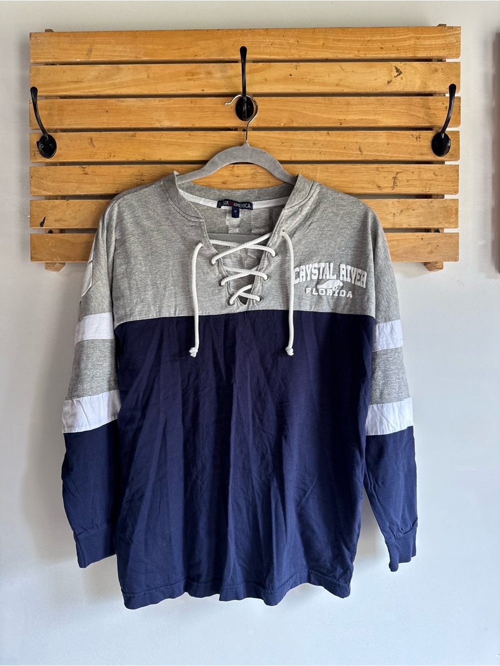 Crystal River Florida Lace-Up Colorblock Pullover Swearshirt - Navy & Gray